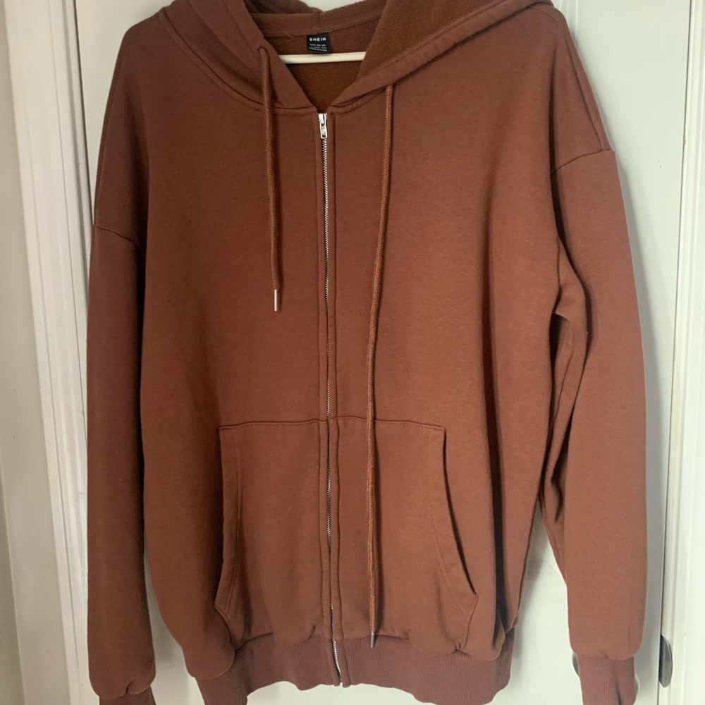 brown zip up hoodie large shein